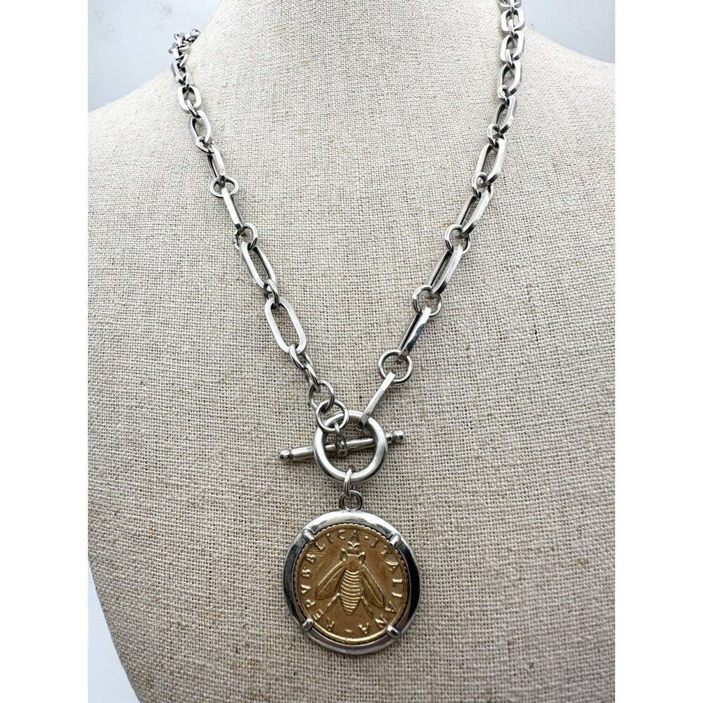 18k Gold Over Sterling Reversible Replica Lira Coin Paper Clip Link Necklace 19”